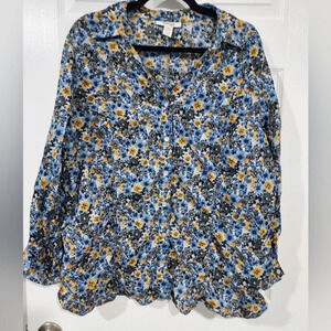 Style & Co Woman Blue Floral Snap Down Long Sleeve Blouse in Size 18W (Wide)